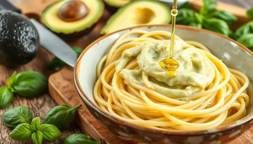 making creamy avocado pasta